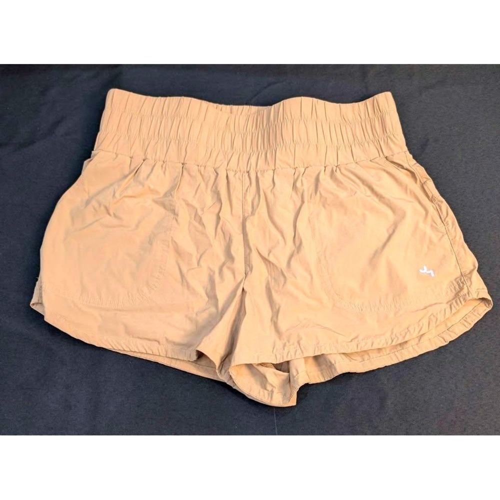 JoyLab Running Shorts ~ Womens Medium Tan High Rise Smocked Waist Pockets Active